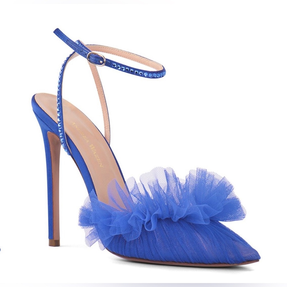 Andrea Wazen NWT Franca Glitz Tulle Pumps in Cobalt Blue